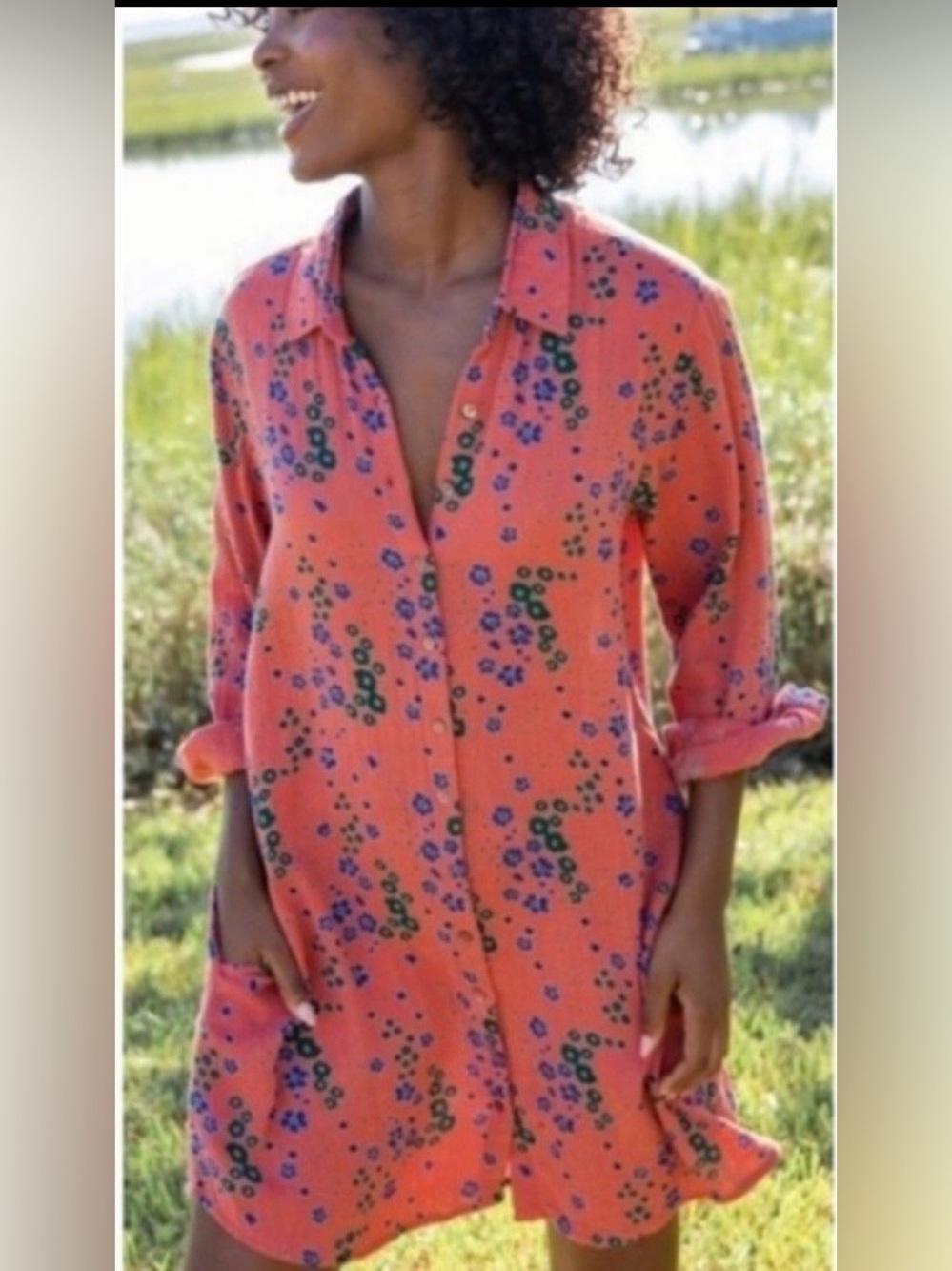 Natural Life Coral Floral Button-Front Shirt Dress - Large